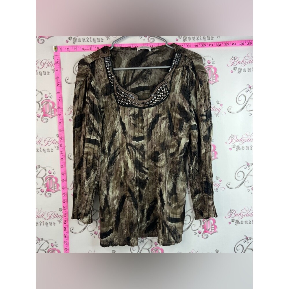 Windsmoor blouse sequins Beaded Scoop-Neck Crinkle Long Sleeve Top - Olive/Black